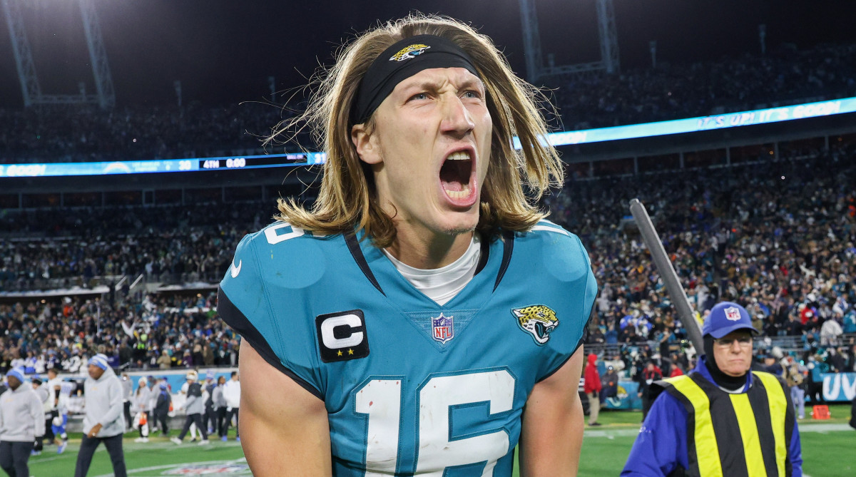 Jaguars quarterback Trevor Lawrence celebrates after beating the Los Angeles Chargers in the wild-card round